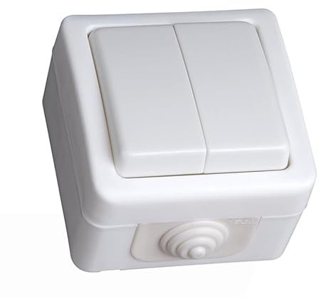 Doppio interruttore di superficie IP54, 10 A, 250 V, colore bianco, ideale per controllare le luci esterne.