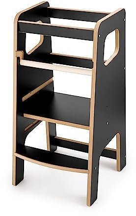 Obubu - Montessori Lernturm ab 1 Jahr Klappbar - Hochstuhl Baby - Learning Tower - Tritthocker mit 2 Stufen & verstellbaren Fachböden - Tritthocker Kinder - Küchenhelfer - Hochstuhl Kinder - Schwarz