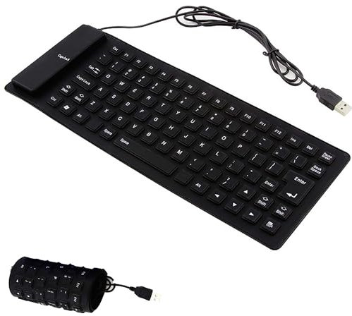 Faltbare Silikon-Softtastatur,leise,tragbare kabelgebundene Tastatur, steckbare USB+PS2-Konvertierungsschnittstelle,wasser- und staubdicht,unterstützt Desktop-Computer und Notebooks,85 Tasten(Schwarz)