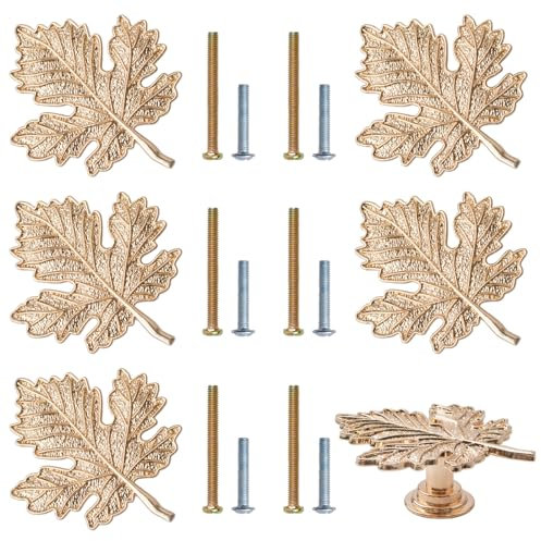 MOROBOR 6Pcs Maple Leaf Gold Knobs Gold Leaf Drawer Knob Zinc Alloy Single Hole Door Handle Creative Drawer Knobs for Wardrobe Cupboard Closets Cupboard
