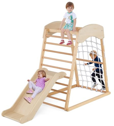 COSTWAY Toddler Climbing Frame, Wooden Montessori Play Gym with Slide, Monkey Bars, Climbing Net and Ladder, Kids Playground Playset for 1+ Years Old (Natural)
