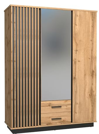 MINIO go for it - Kleiderschrank mit Spiegel Lamia, Garderobenschrank, 145.5 cm Breit, Schlafzimmerschrank mit 3 Türen und 2 Schubladen, mit MDF-Lamellen, Farbe: Wotan Eiche/Schwarz Matt