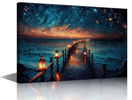 TISHIRON Seascape Wandkunst, Glitzer, Sternenhimmel in der Nacht, Ölgemälde-Stil für Wohnzimmer, Schlafzimmer, Wanddekoration, Leinwand, moderne Heimdekoration für Hintergrund, Tapetendrucke, 61 x