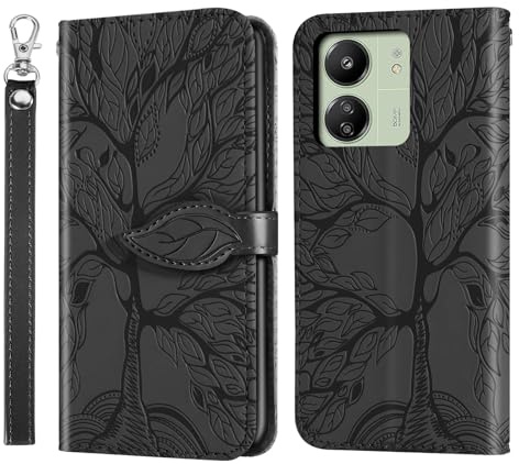 Rostsant Handyhülle für Xiaomi Redmi 13C/Redmi 13 C/Poco C65 Geprägter Baum PU Leder Xiaomi Redmi 13C Flip Case Brieftasche Tasche Hülle für Xiaomi Redmi 13C Schwarz