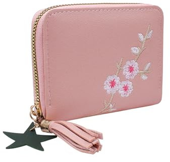 WisePoint Portefeuille pour Femme, PU Cuir Porte Monnaie avec Broderie Fleur, Exquis Porte Monnaie pour Les Femmes et Les Filles (Rose