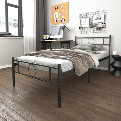 FurnitureR Single bed metal frame,metal bed for teenagers/adults, Industrial iron bed suitable for bedroom, student dormitory and other multiple scenes, with circle-shaped decoration,Black