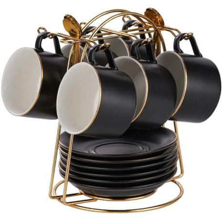 HSTWODE-cappuccino tassen set Tassen & Untertassen von 6 (150 ml), Luxus-Teetasse Set mit goldenen Trimm, Kaffeetasse mit Henkel, britischer Königlicher Porzellan Tassen (Mattes Schwarz)