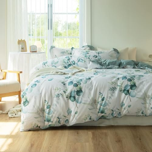 MILDLY Housse de Couette 220x240 Coton avec Motif Botanique, 100% Coton Lavé, Certifié Oeko-TEX, Tropicales Vert Eucalyptus Feuilles Parure de Lit 220x240 Coton avec 2 Taie d'oreiller 65x65 cm, Lilio