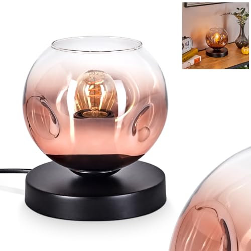 Tischleuchte Ripoll, Tischlampe aus Metall/Glas in Schwarz/Kupfer/Klar, Leuchte im modernen Retro/Vintage-Design mit Schirm aus Glas (Ø 15 cm) u. An/-Auschalter am Kabel, 1 x E27, ohne Leuchtmittel
