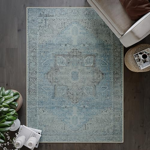 artyrugs Waschbarer Teppich, 152x213cm, 75% Recycelte Baumwolle, Kurzer Flor, rutschfeste Rückseite, Fusselt Nicht, Teppiche für Wohnzimmer, Schlafzimmer, Küche, Flur, Büro, Hellblau & Silber