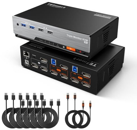 TESmart 8K@60Hz DP KVM Switch 3 Monitors 2 Computers USB 3.0, KVM Switch Triple Monitor 2 Computers DisplayPort 1.4, Support EDID, 1G Ethernet, Hotkey Switch, 4K@144Hz 2K@144Hz for Gaming&Home Office