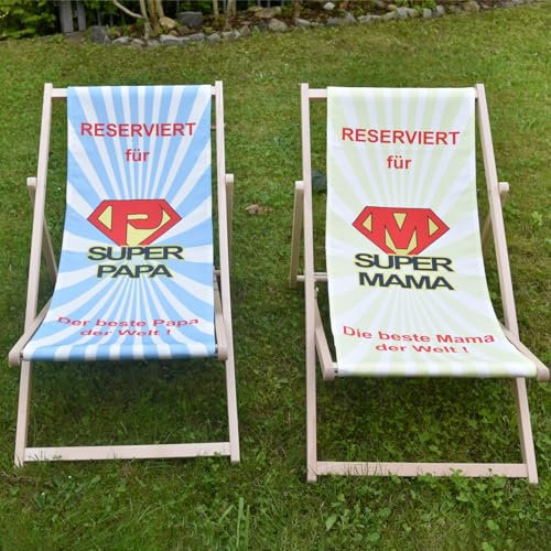 Krause & Sohn Liegestuhl aus Buchenholz Bedruckt mit Motiv Geschenkidee Geburtstag Hochzeit Muttertag Vatertag Garten Balkon Terasse Hochzeitsgeschenk (Super Mama & Super Papa - 2 Liegestühle)