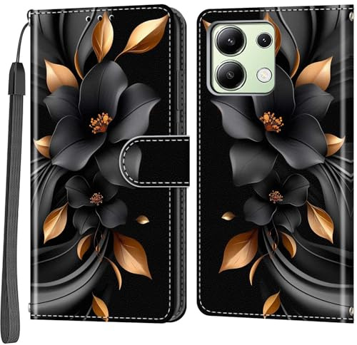 Wallet Case for Xiaomi Redmi Note 13 4G (not for 5G), Leaves and flowers | Card Slots, Kickstand, Shockproof, Magnetic Closure, PU Leather, Flip Wallet Book, Lanyard Strap
