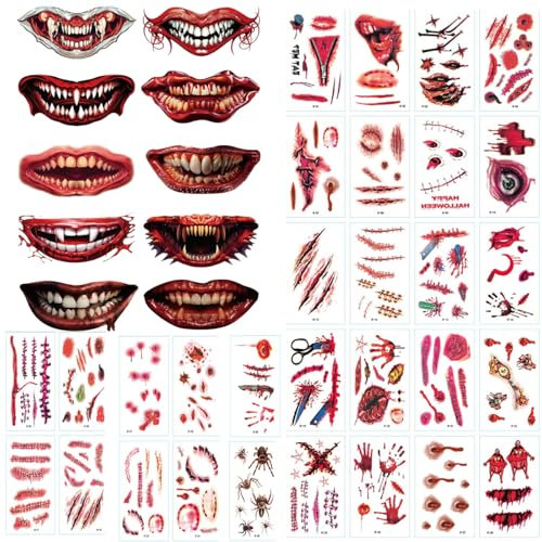 40Sheets Halloween Tattoo Scar Stickers, Big Mouth Wounds Blood Zombie Makeup Tattoo Stickers Halloween Temporary Scab Face Tattoos for Adult Masquerade Halloweens Cosplay Party Makeup Props