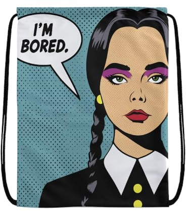 EZB Pop-Art-Rucksack mit Kordelzug, 36 x 30 cm, Midi-Größe, vielseitig verwendbar: Sport-Kits, Fitnessstudio, Mittagessen, Urlaub, Strand, Pumptasche, Wednesday I'm Bored Bag, Schwarz , 36x30cm