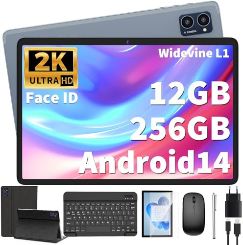 Android Tablet mit Tastatur,10 Zoll Android 14 Tablet, 12GB+256GB, 1TB Expand, Tablet PC mit 2K Display, 8-Core, 7000mAh, 5G WiFi, 13MP+5MP Kamera, 2 in 1 Tablet mit Tastatur, Maus, Stylus(Schwarz)