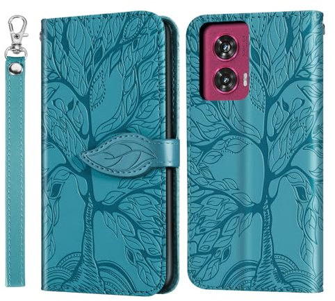Funda Rostsant para Motorola Edge 50 Fusion 2024 - Carcasa de Cuero PU con Árbol en Relieve, Cartera Magnética Billetera Azul