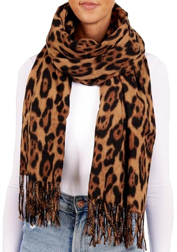 BRUBAKER Cashmirillo Damen Schal mit Leoparden Muster - 70 x 200 cm - Warm, Kuschelig und Oversized - Leo Damenschal für Herbst und Winter - Winterschal mit weichem Kaschmir-Gefühl - Braun Schwarz