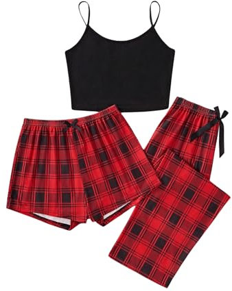 GORGLITTER Damen Schlafanzug 3er Set Cami Schlafanzug Plaid Pajamas Set Nachtwäsche Schlafhose Kariert Schlafanzüge Hausanzug Rot M
