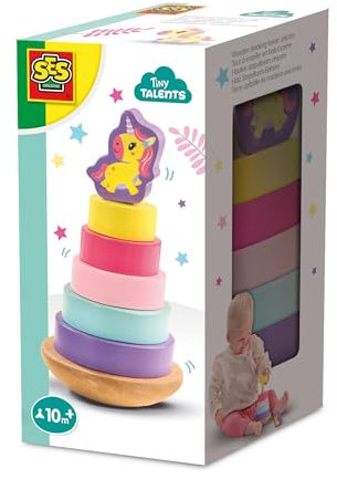 SES Creative 13252 Stapelturm Einhorn - Lehrspielzeug für Kinder ab 10 Monaten - Staple Bunte Ringe und eine Einhornfigur - Perfekt für motorische Fähigkeiten