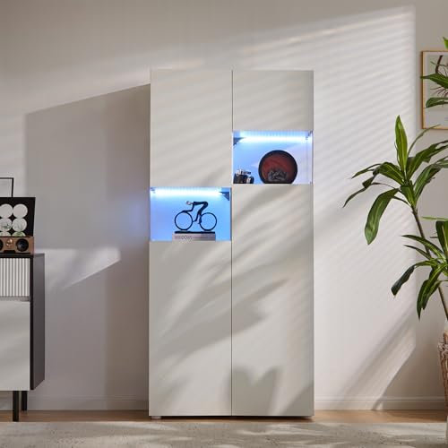 Vitrine mit LED-Beleuchtung, Hochschrank mit transparentes Acryl, weiß, Standvitrinen, Mehrzweckschrank für Wohnzimmer Büro Küche, offene Lagerung, 80x38x170cm