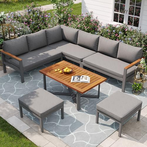 Gartenmöbel-Set Wetterfest, Gartenlounge-Set Balkonmöbel für 7-8 Personen, Lounge Sitzgruppe Outdoor inkl. Kissen Sofa Tisch 2 Hocker, Gartenmöbelset aus verzinktem Eisen für Garten Terrasse Balkon