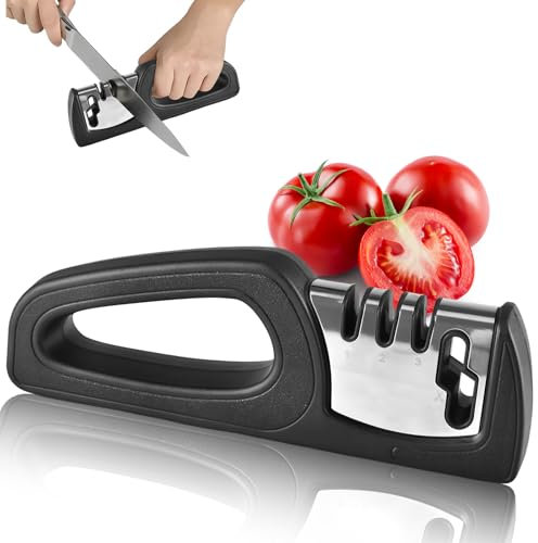 Moorstdel Messerschärfer 4 Stufig Messerschleifer, Messer Schärfen mit Schere, Wolframstahl für Grobschliff, Diamant für Mittel- Und Feinschliff, Spezialkeramik für Feinschliff, Knife Sharpener