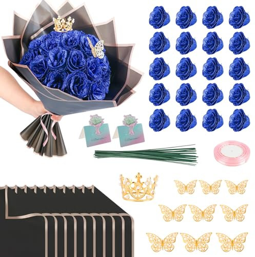 iMXPW Glitzer Rosen Blumenstrauß, 24 Rosen DIY Gefälschte Glitzer Blumen Blumenstrauß, Immerwährend Glänzend Künstlicher Roter Rosenstrauß für Muttertagsgeschenke, Jubiläum, Verlobung, Hochzeit (Blau)