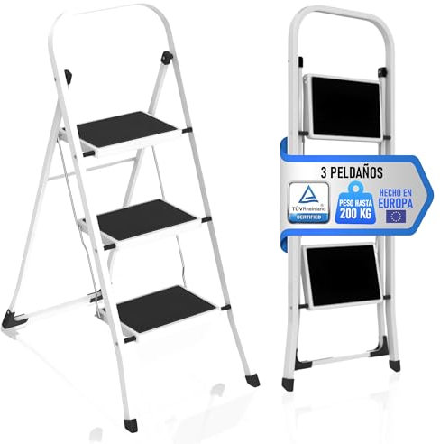 Escalera Plegable 4 Peldaños con Estructura de Acero y Peldaño Antideslizante | Taburete Portátil de Tijera | Escaleras Plegables Domésticas - Step Ladder para Hogar, Oficina y Cocina (3 Peldaños)