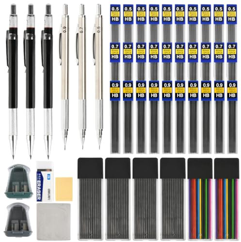 YOPEUC 47 Stück Druckbleistifte Set,Schwarzes Metall Druckbleistift Set 0,5, 0,7, 0,9 mm,Technisches Zeichnen Sets mit Minen HB,3 Radierer, Mechanischer Bleistift Sets für Kalligraphie Skizzieren