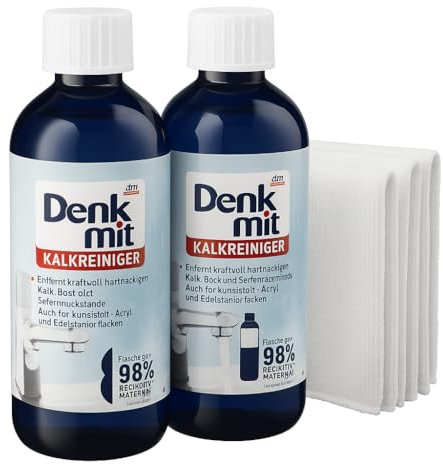 Denk mit - Kalkreiniger Entkalker (2 x 500ml) Doppelpack + 3 Mikrofasertücher + PurLife Sticker