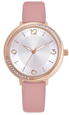 COMTEX Damenuhr mit Kristallverzierung, roségoldenes Gehäuse, rosa Lederband, weißes Zifferblatt, Quarz-Damenuhr, rose, Modern