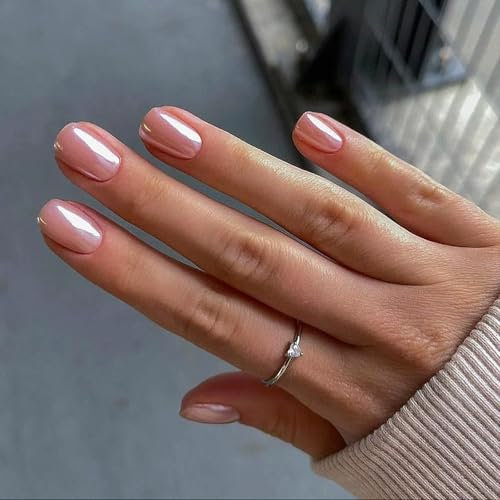 Short Square False Nails - 24pcs Pink Pearlescent Press on Nails - 12 Sizes Short Stick on Nails - Full Cover Glossy Pearl Acrylic nails with Nail File & Nail Sticky Tabs