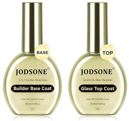 JODSONE Juego de esmalte de uñas de gel y base, 2 unidades de 16,5 ml, no se limpian, 3 en 1, base coat y top coat de cristal para uñas de larga duración, requiere secado U V/LED