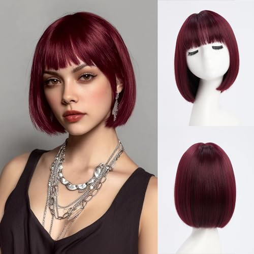 YaissmyLu Kurz Weinrot Bob Perücke mit Pony 25cm Burgundy Gerade Perücke für Frauen Dunkelrot Synthetisch Haar Bunte Perücke für Cosplay Täglichen Party Gebrauch