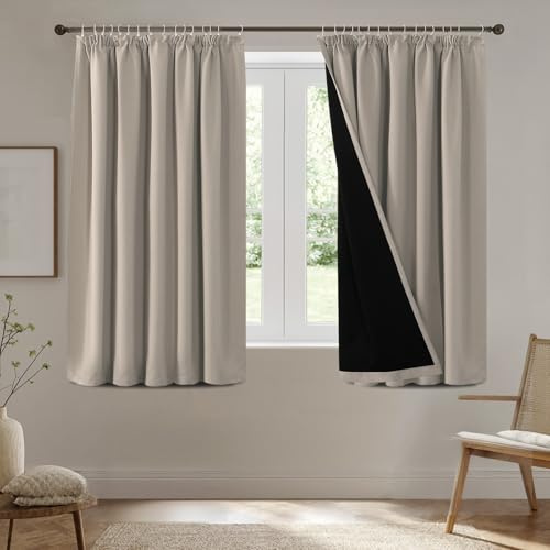 BellaHills 100% Blackout Curtains for Bedroom Thermal Insulated Curtains & Drapes for Living Room Short Window Curtain Pencil Pleat Back Tab Rod Pocket 2 Panels, W66 X L54, Natural Sand