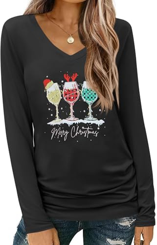 Cicy Bell Women's Christmas Shirts Long Sleeve V Neck Xmas Tree Tees Casual Basic Merry Christmas Holiday Tops Black M