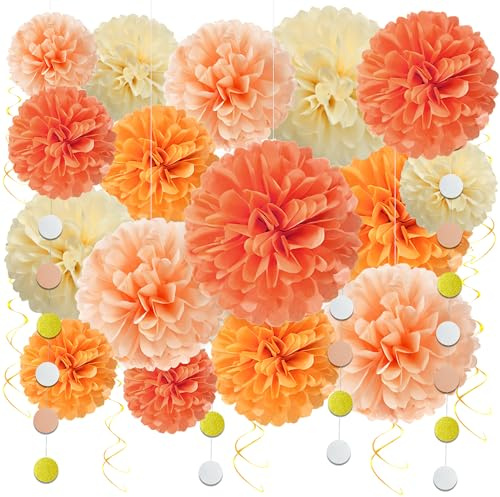 Lot de 23 Pompons Papier de Soie, Orange Décoration Anniversaire | 15/20/25/30 cm Pompons Papier de Soie, Tourbillonnantes Guirlande Décorations, Bannière Décorer pour Mariage, Anniversaire