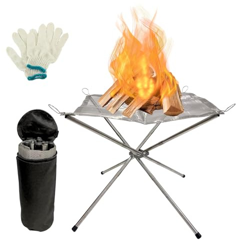 BeGrit Tragbare Feuerstelle 55cm Feuerschale Outdoor Feuerkorb Klappbar | Camping Edelstahl Feuerstelle mit Holzrost Collapsible Kamin mit Handschuhen Tragetasche für Picknick Lagerfeuer Terrasse