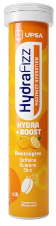 UPSA Hydrafizz Boost Electrolyte Tablets Orange 16 Effervescent Tablets | Electrolytes, Caffeine, Guarana, Zinc, Vitamins C & B3, Energy & Hydration Support, Orange Flavour