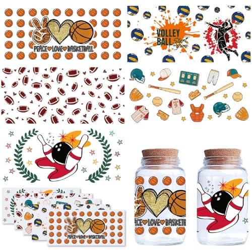 PRESSINART Transferaufkleber Sport 5 Blatt UV DTF Cup Wrap Aufkleber für 16 oz Glasbecher Vögel Basketball Volleyball Baseball Rugby Wasserdicht Rub-On Sticker für DIY Tassen Basteln