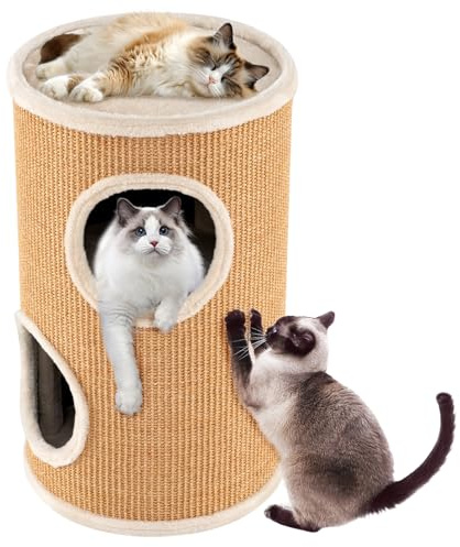 COSTWAY Tonneau Griffoir Chat à 3 Étages, Tapis à Griffer en Sisal, Tour Chat avec Coussin, 2 Grandes Entrées, Arbre à Chaton, Chaque Couche Charge 15 kg (36 × 36 × 59,5 cm,Jaune Brun)