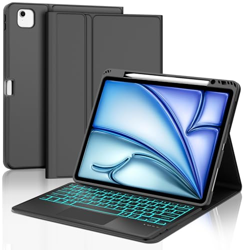 Zoo_huuie Coque Clavier pour iPad Air 13 Pouces, Coque Clavier Compatible avec iPad Air 13 (M3 2025/ M2 2024)/ Pro 12.9 Pouces (6e 5e 4e 3e Gén) avec Pavé Tactile Rétro-éclairé de 7 Couleurs, Noir