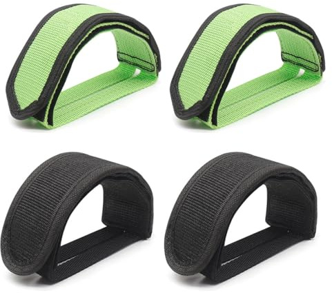 AEUXZA 4 Stück Fahrradpedalgurte Universal (2 Schwarz & 2 Grün), Verstellbare Pedalriemen aus Nylon, Rutschfeste Fußschlaufen für Fixie, BMX, MTB & Heimtrainer, Robuste Zehenclips