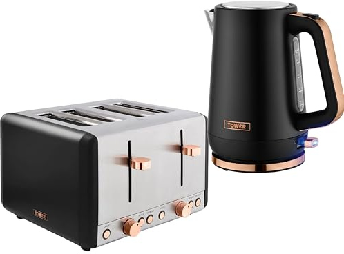 Tower Cavaletto Black Kettle & Toaster Set – 1.7L 3KW Jug Kettle & 4 Slice Toaster – Rose Gold Accents, Matching Kitchen Appliances Bundle Set