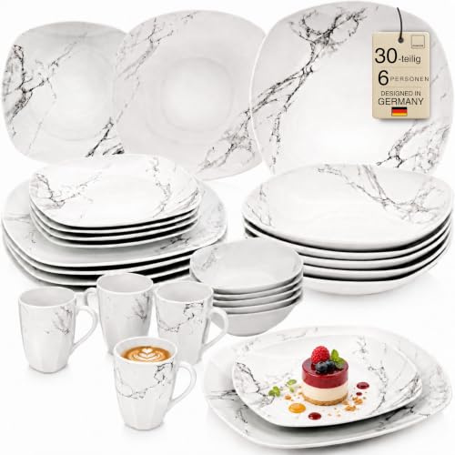 SÄNGER | Kombiservice Bilgola Marmor, 30-tlg. Set für 6 Personen | mit Speise-, Dessert-, Suppentellern, Müslischalen und Kaffeebechern aus Porzellan, Eckig | PREMIUM COLLECTION