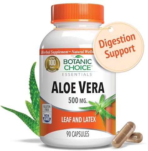 Aloe Vera- Leaf and Latex, Digestive, Liver, Stomach health-Contains Amino Acids, Vitamins, Minerals, Enzymes- 500mg-Gluten Free, Non-GMO-90 capsules