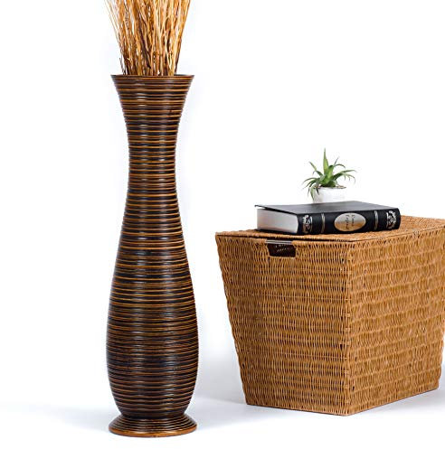 Leewadee Große Deko Bodenvase Für Dekozweige, Hohe Standvase Für Pampasgras, Design Holzvase, 70 cm, Braun
