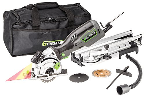 Genesis GPCS535CK 5.8 Amp 3 1/2” Control Grip Plunge Compact Circular Saw Kit with Laser, Miter Base, 3 Assorted Blades, Vacuum Adapter Hose, Rip Guide and Carrying Bag