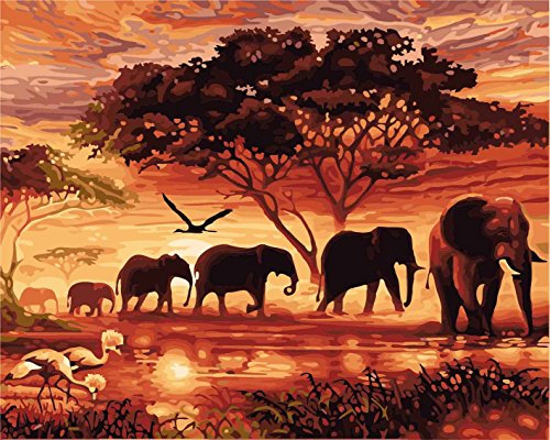 CaptainCrafts Malen nach Zahlen Erwachsene, Malen nach Zahlen Anfänger DIY Ölmalerei Kit 16x20 Zoll Zuhause Wanddekoration (Ohne Rahmen, Twilight Forest Elephant Family)